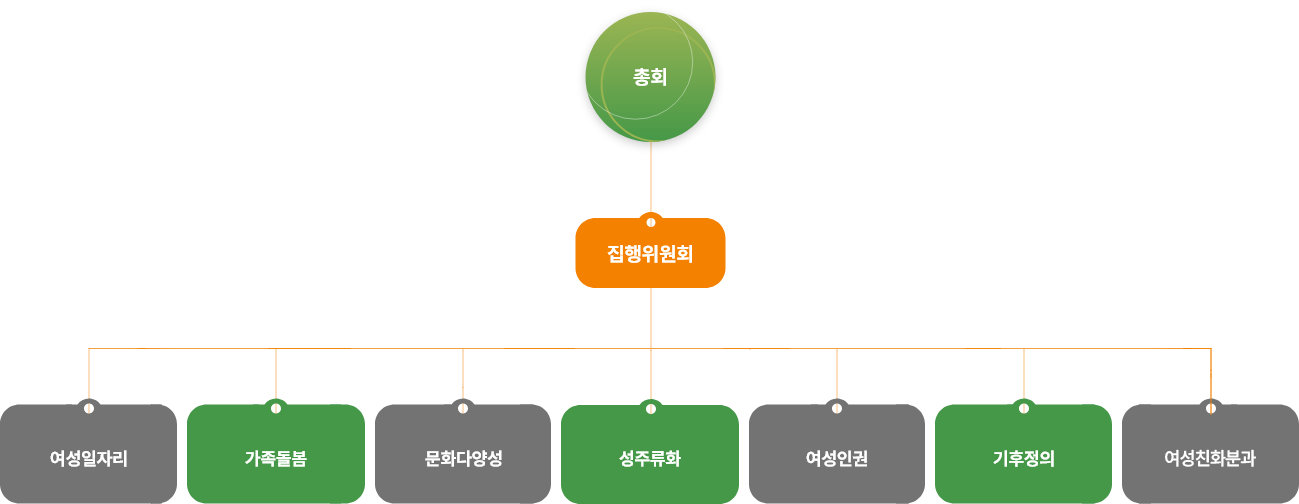 광주젠더포럼 조직도 (총회 아래로 집행위원회, 그 아래로 여성일자리/가족돌봄/문화다양성/성주류화/여성인권/기후정의 분과가 있다.)