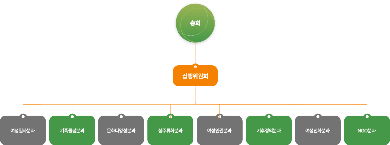 광주젠더포럼 조직도 (총회 아래로 집행위원회, 그 아래로 여성일자리/가족돌봄/문화다양성/성주류화/여성인권/기후정의 분과가 있다.)